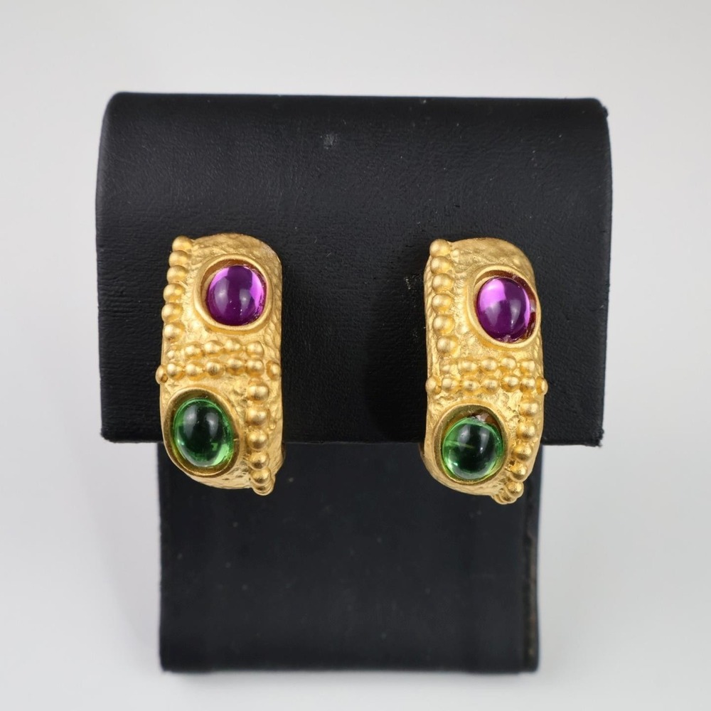 Vintage Etruscan Revival Multicolor Cabochons Gold Clip Earrings Maresco 1980's